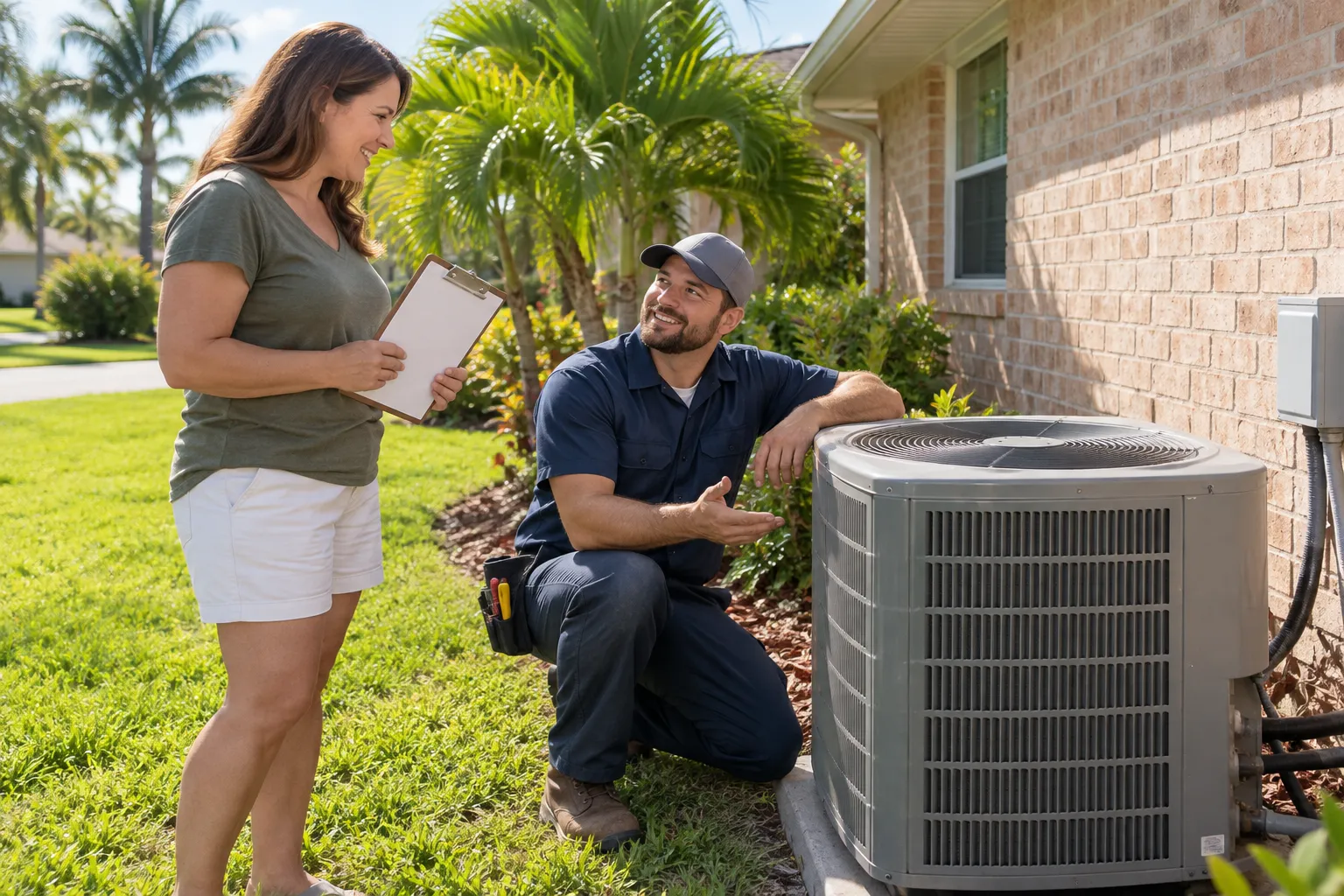 A local provider checking an outdoor AC unit beside a brick ranch home in the Fate area