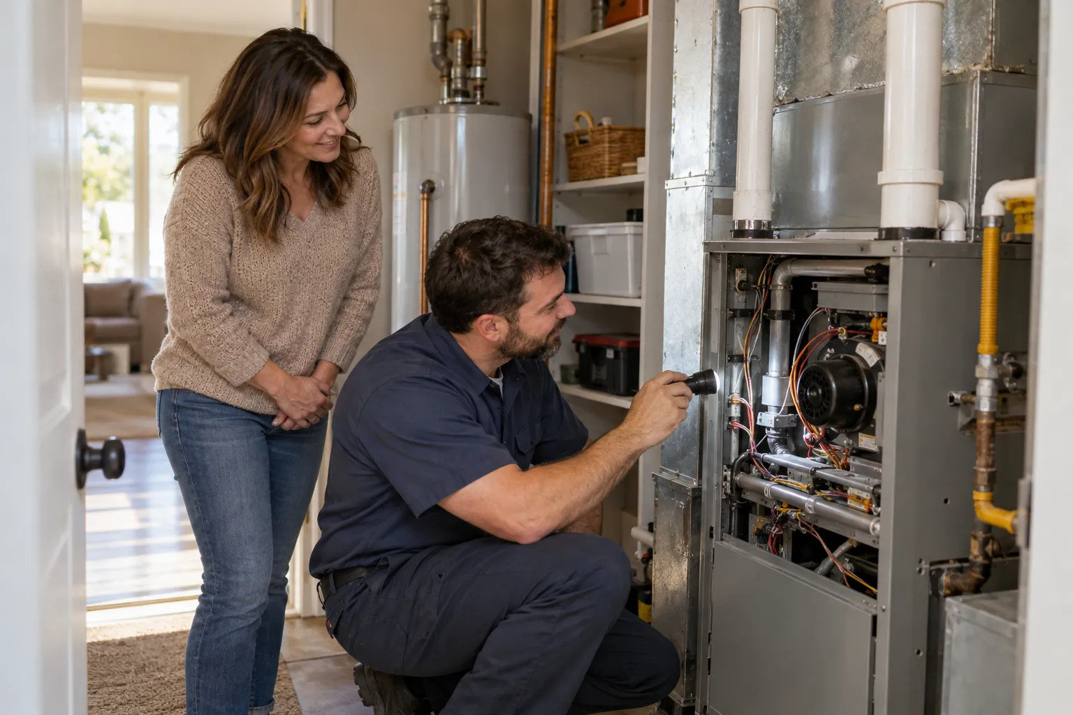 Friendly local provider inspecting a home furnace with a homeowner in the Fate area