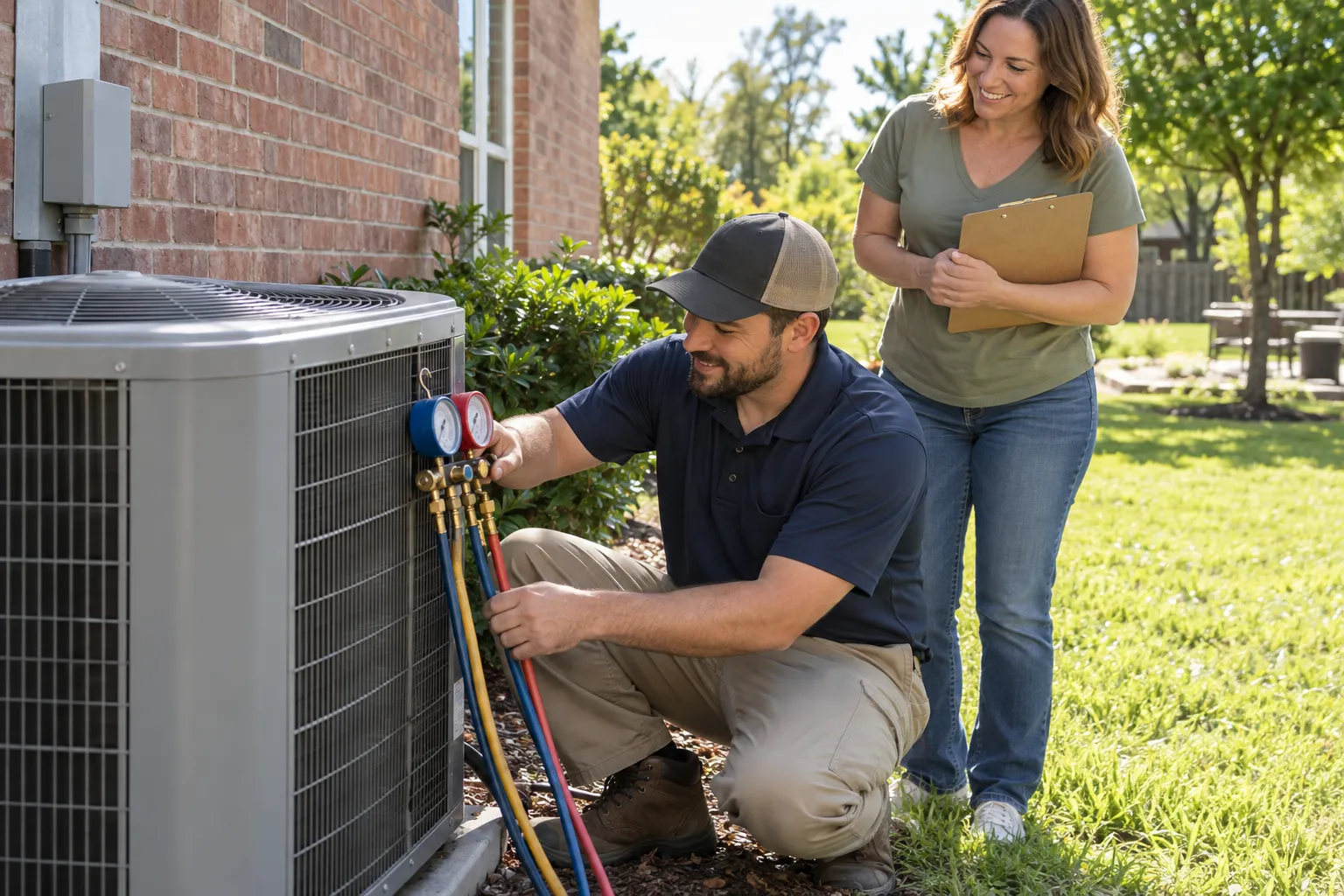 Provider checking an outdoor AC unit at a home in the Fate area